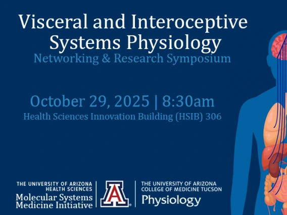 A graphic showing a cartoon depiction of a human body with all the organs interacting with the brain next to the symposium title, date and location.